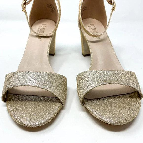 De Blossom Ankle Strap Low Heel Sparkle Wedding Event Shoe Gold Size 9 - Picture 4 of 8